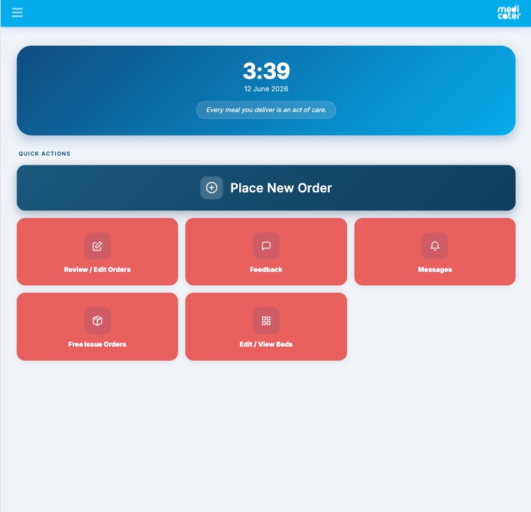 MediCater hostess app home screen — Feedback, Messages, Free Issue Orders and Edit/View Beds quick actions