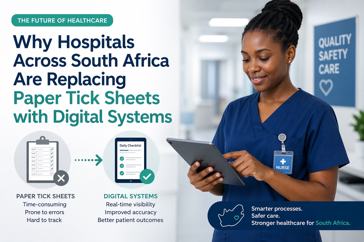 Hospital ward with digital tablet replacing paper tick sheets
